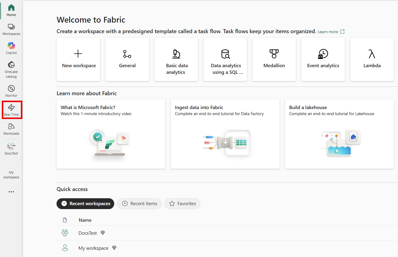 Captura de tela do botão Real-Time hub no painel de navegação esquerdo.