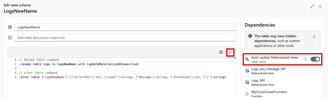Captura de tela do visualizador de comandos e da seção de dependências com a alternância para atualizar automaticamente modos de exibição materializados realçada.