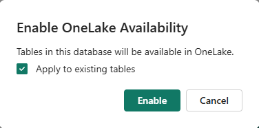 Captura de tela da janela Habilitar Disponibilidade do Onelake mostrando a opção Aplicar às tabelas existentes.