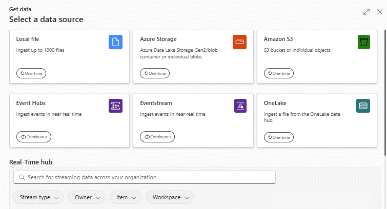 Captura de tela dos tipos de dados disponíveis na experiência de obtenção de dados em Eventhouses no Real-Time Intelligence.