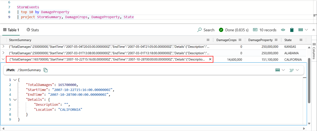Captura de tela do Conjunto de Consultas KQL mostrando os resultados de uma consulta com uma célula expandida para mostrar cadeias de caracteres longas. A célula expandida é destacada.