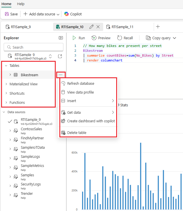 Captura de tela mostrando o painel do explorer, como expandir a lista de itens na fonte de dados e onde encontrar o menu Mais ações.