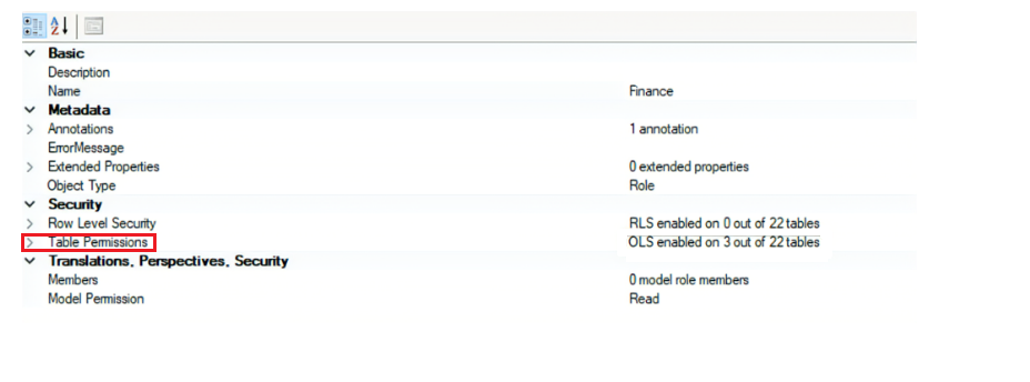 Captura de tela mostrando onde acessar as permissões de tabela para o OLS.
