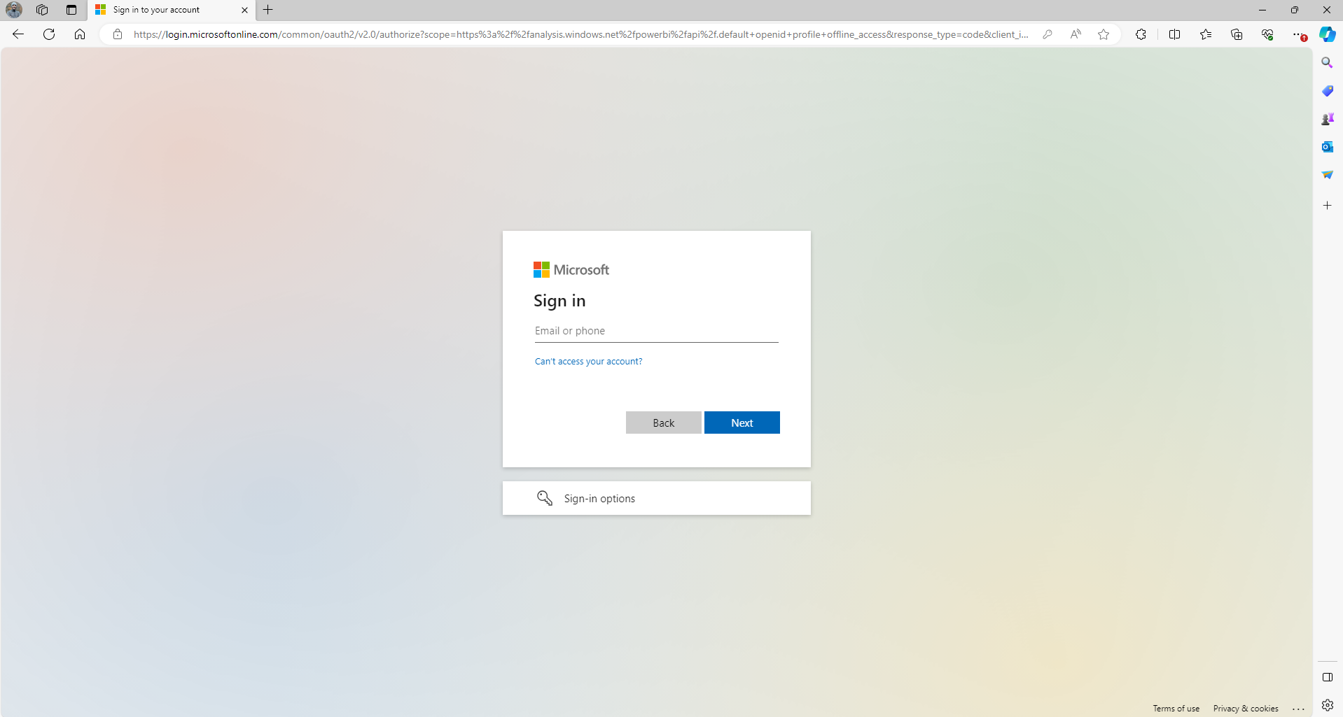 Captura de tela da página de entrada da Microsoft.