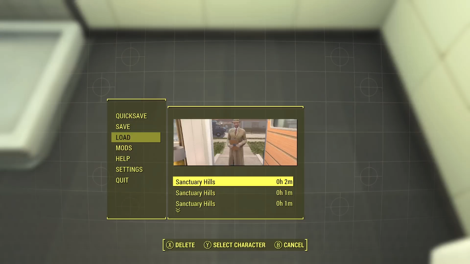Fallout 4 screenshot including the Load menu showing three saves with the location label of Sanctuary Hills and different timestamps of when the save was created. The save file currently highlighted also shows an in-game screenshot of where the save was made.