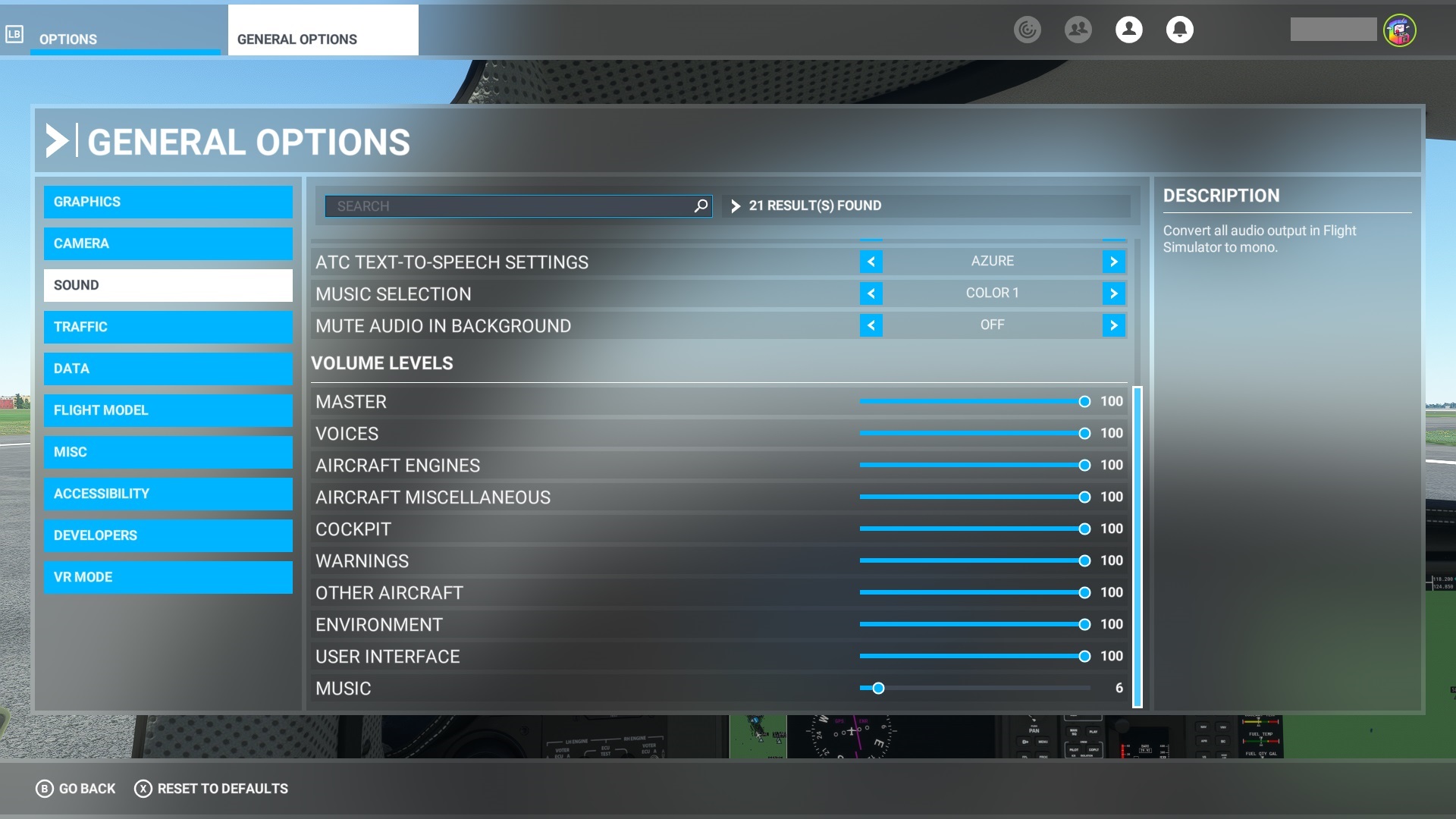 Screenshot of Flight Simulator general options menu with volume sliders for a multitude of in game sound effects.