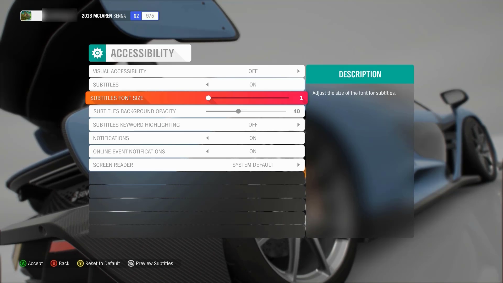 A screenshot of the Forza Horizon 4 Accessibility settings menu. The Subtitles Font Size option has focus. The current slider value is 1.  
