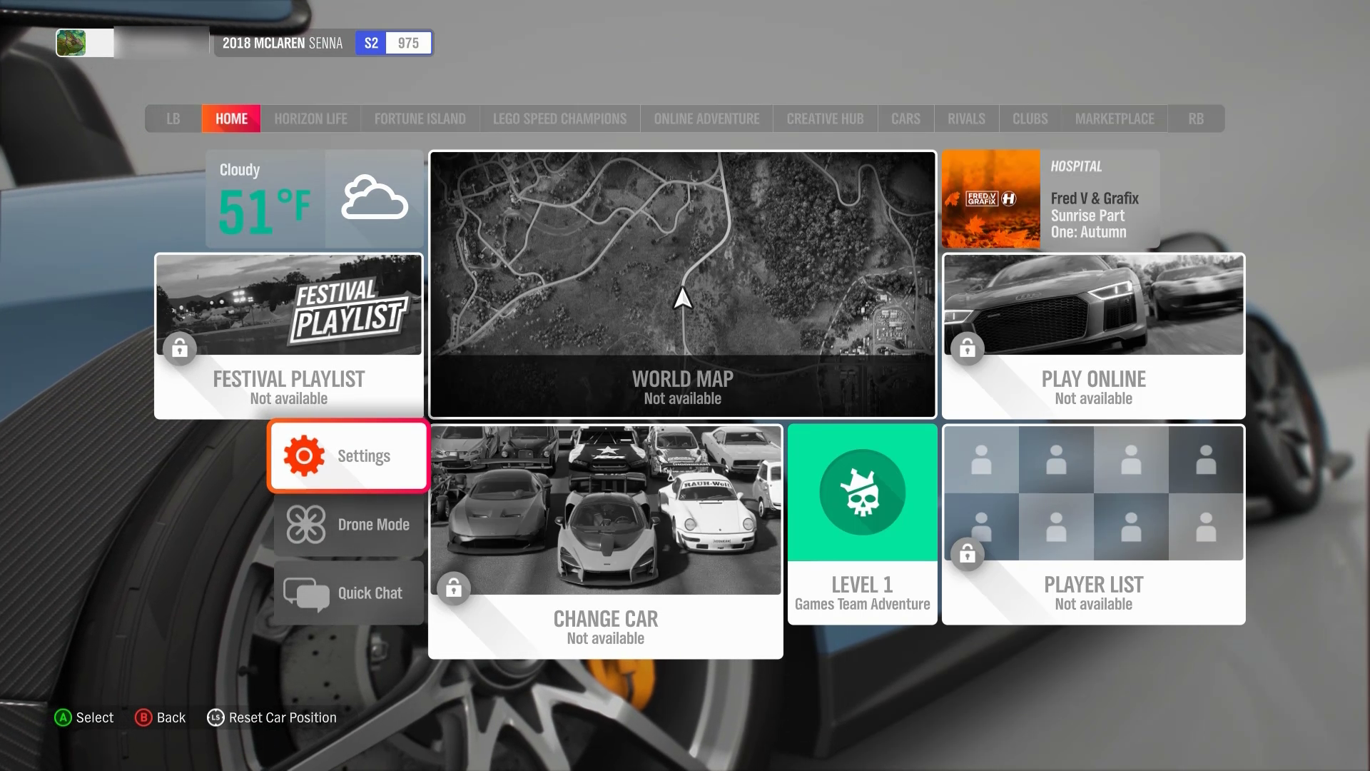 A screenshot of the main menu in Forza Horizon 4.