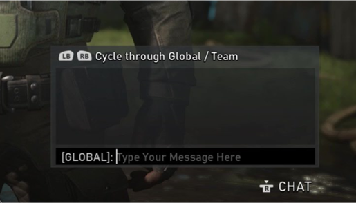 A closeup of Gears 5 chat panel. In the text input box, it indicates that it's global chat. In gray text, it says, "Type Your Message Here". 