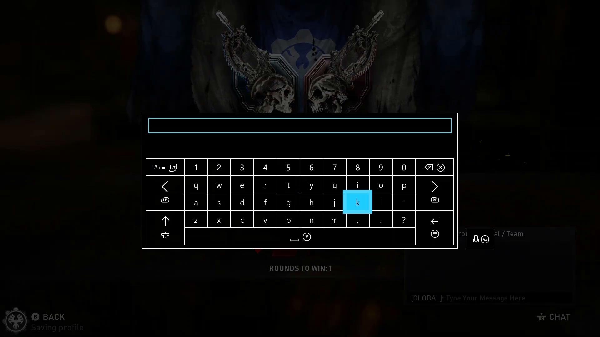 A screenshot from Gears 5 that displays the Xbox on screen keyboard. It appears over the rest of the game's UI. The letter "k" has been entered by the player.