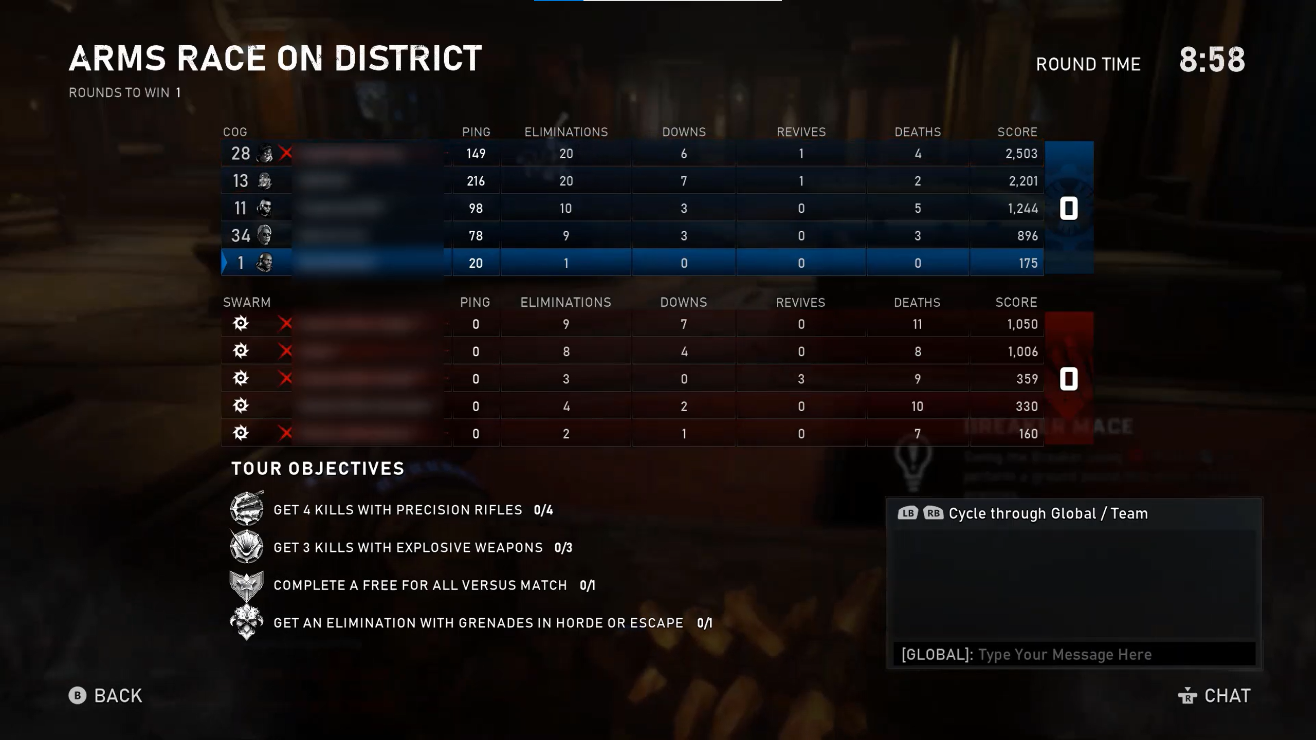 A screenshot from Gears 5 that shows round information from a multiplayer match. Information displayed includes player names, ping, eliminations, downs, revives, deaths, and score. A chat window appears on the lower-right corner of the screen. 