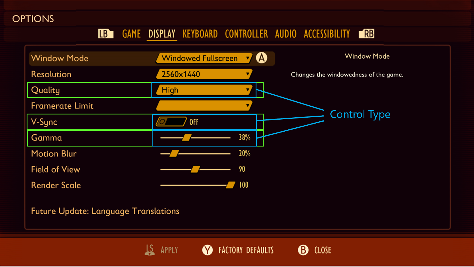 The display settings in Grounded. The name of the control next to each setting is highlighted and labeled "Control Type".
