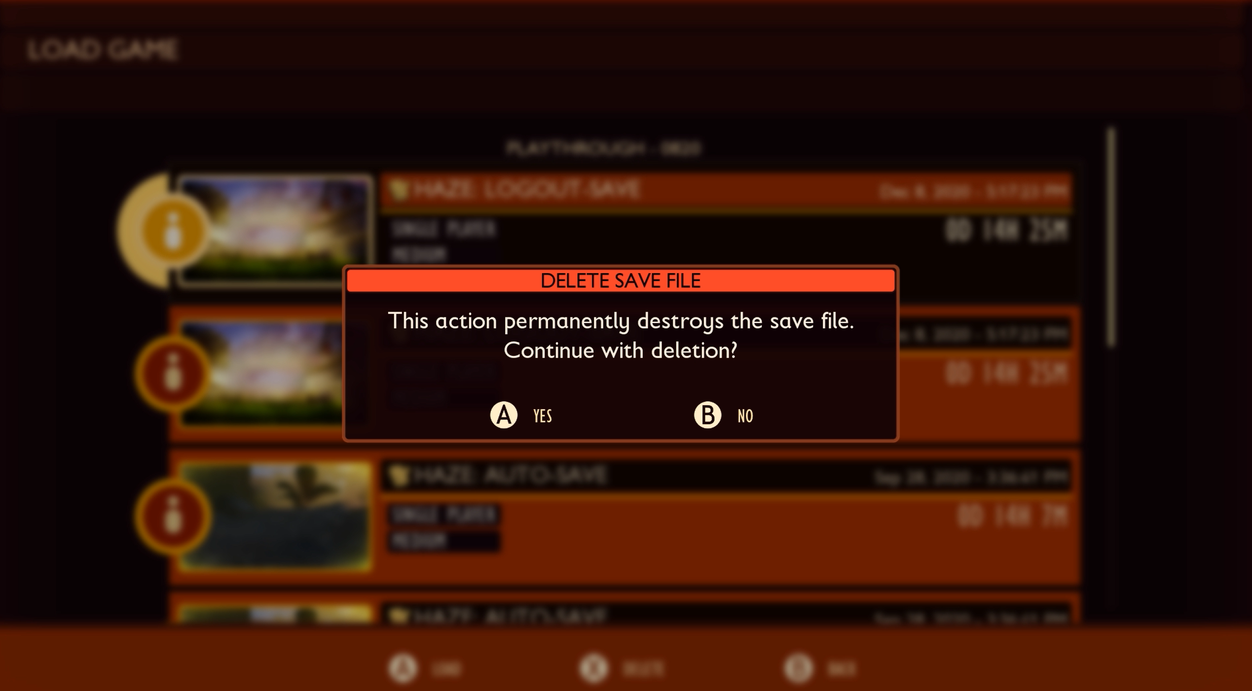 "Delete Save File" notification in Grounded (Game Preview). The dialog box that contains the notification reads, "This action permanently destroys the save file. Continue with deletion? A - Yes B - No".