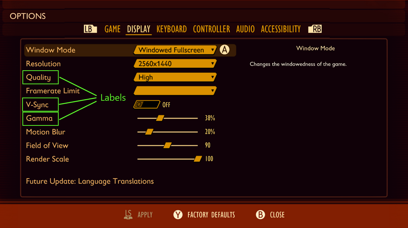 The display settings in Grounded. The name of each setting is highlighted and labeled "labels".
