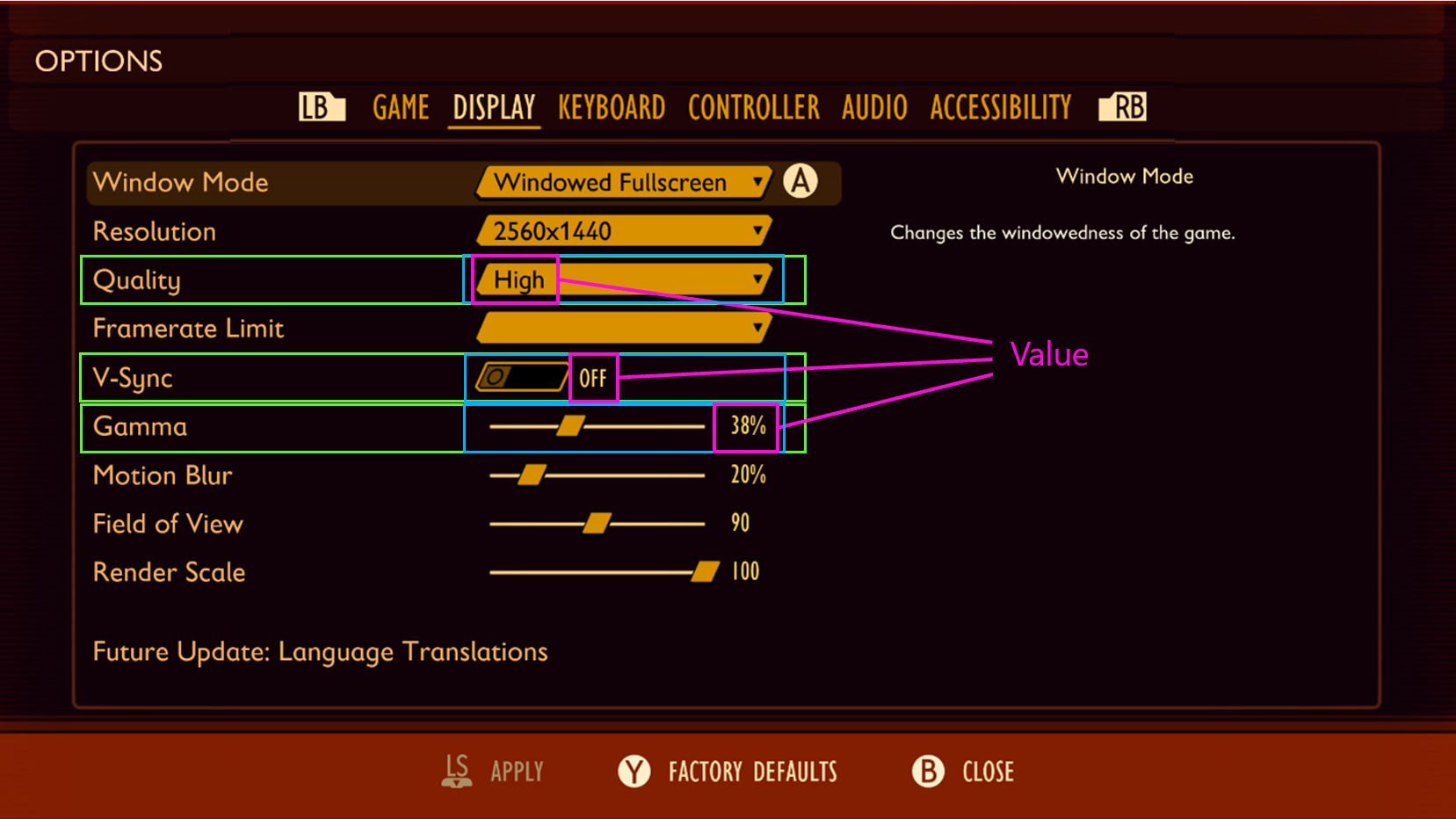 The display settings in Grounded. The value of each setting is labeled "Value."
