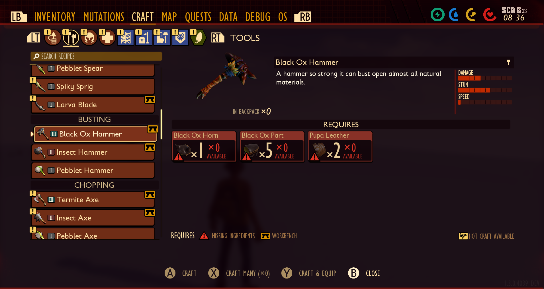 Screenshot of the game Grounded's crafting menu. In a recipe, several missing ingredients are denoted by a red caution symbol in addition to text that says 'x0 available'. There is also a key at the bottom that denotes that the caution symbol means missing ingredients.