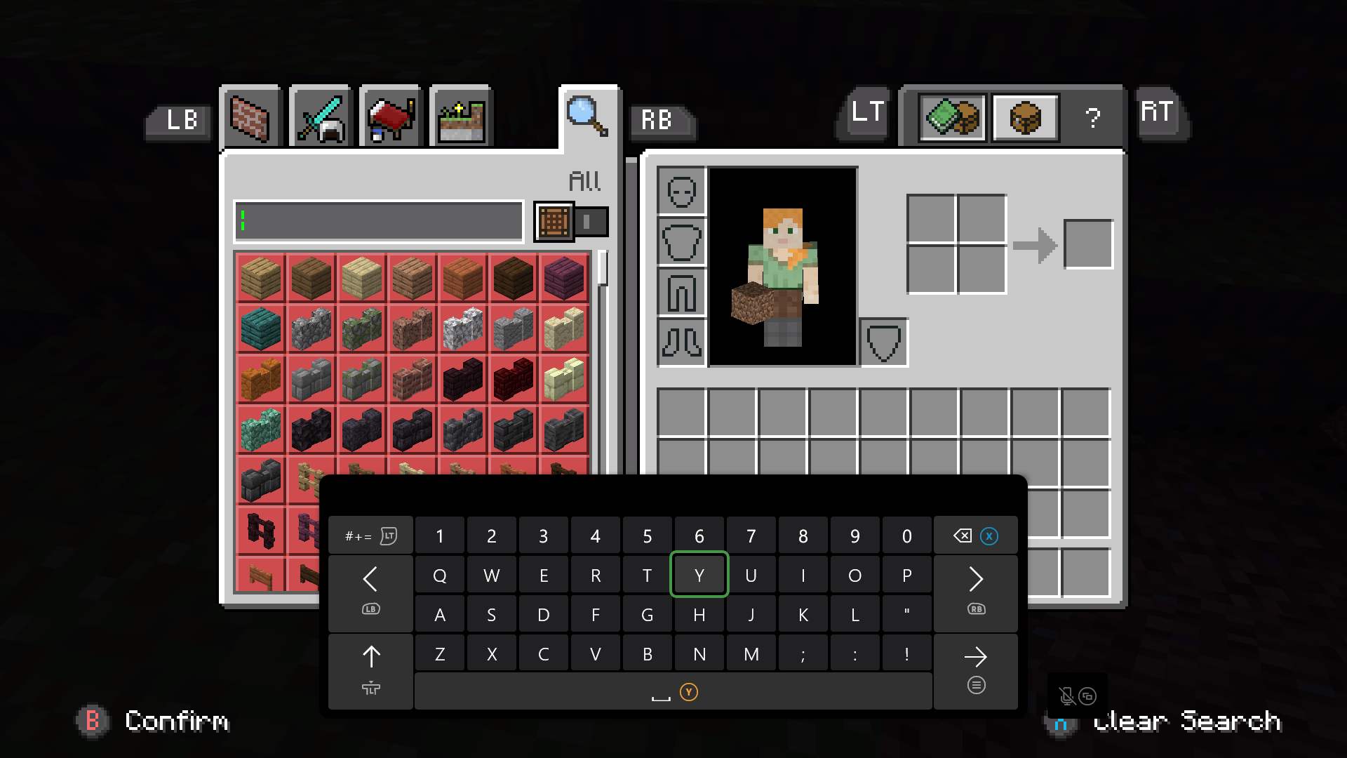 Minecraft screenshot of the Inventory menu on its Search tab. The search text field has the text cursor and the on screen keyboard is showing.