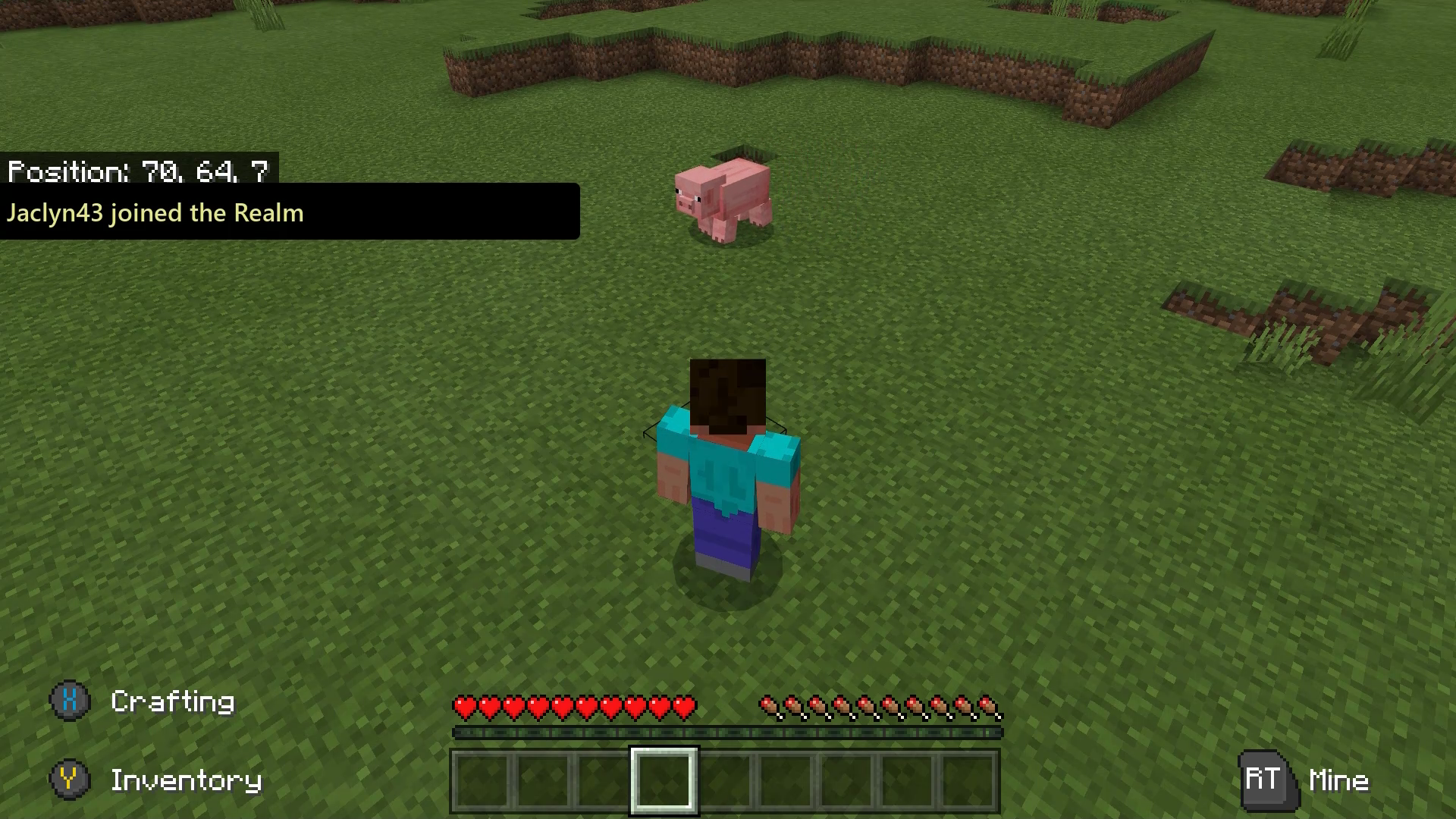 A Minecraft character, Steve, stands in a field. There's a notification that a player had joined the realm.