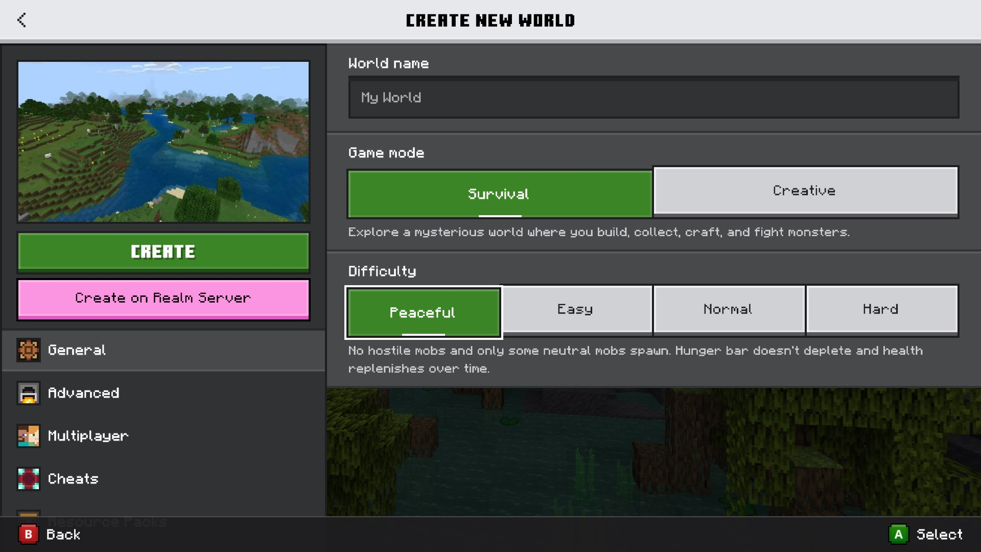 Screenshot of Minecraft settings showing Difficulty settings of Peaceful as selected. 