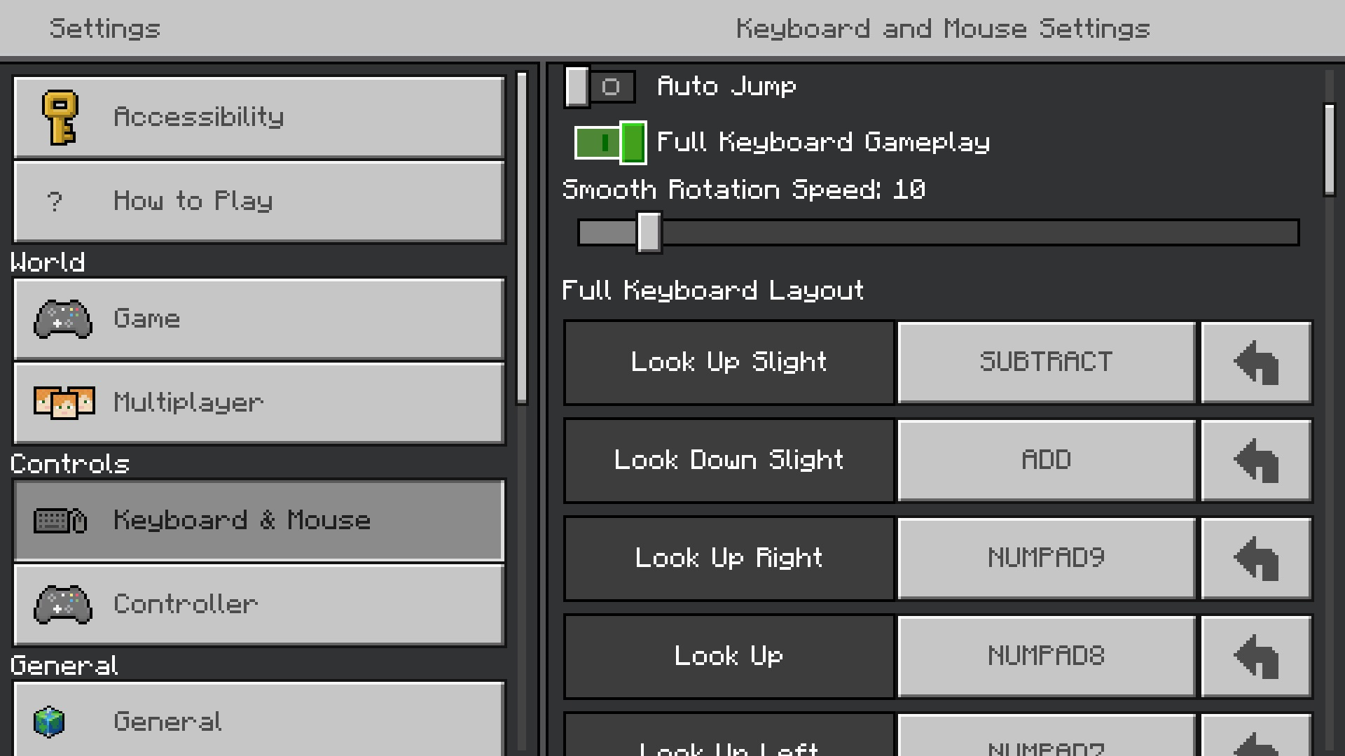 Screenshot of Minecraft game settings which shows the Keyboard and Mouse Settings with Full Keyboard Gameplay toggled on. 