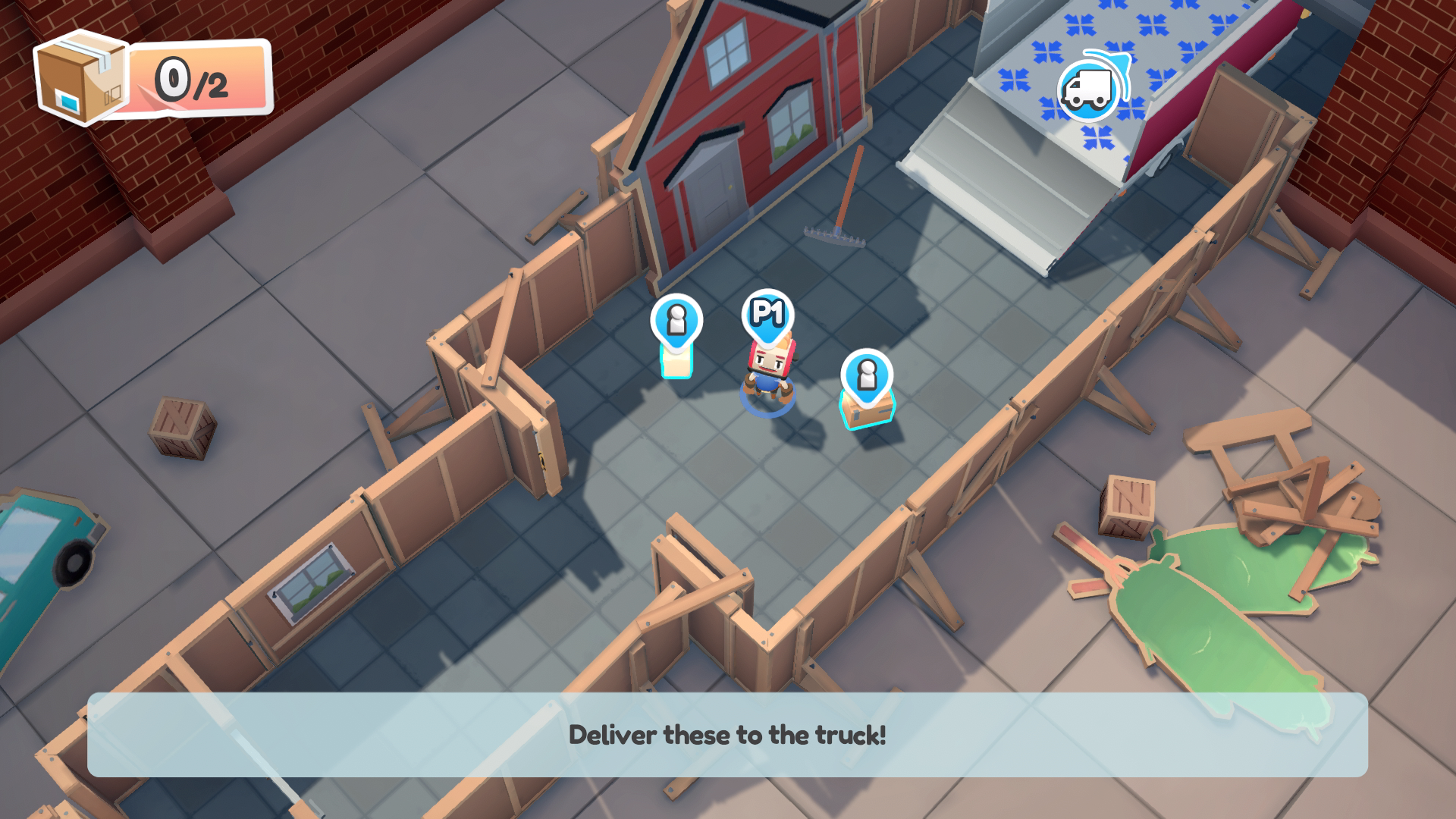 Moving Out screenshot with the playable character, two moveable items, and the truck highlighted with icons.