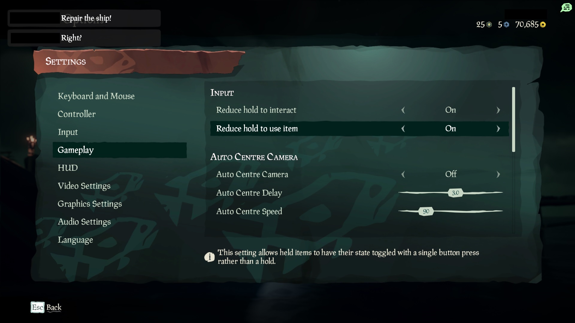 Screenshot of Sea of Thieves game SETTINGS showing Gameplay Input option "Reduce hold to use item" set to ON. 