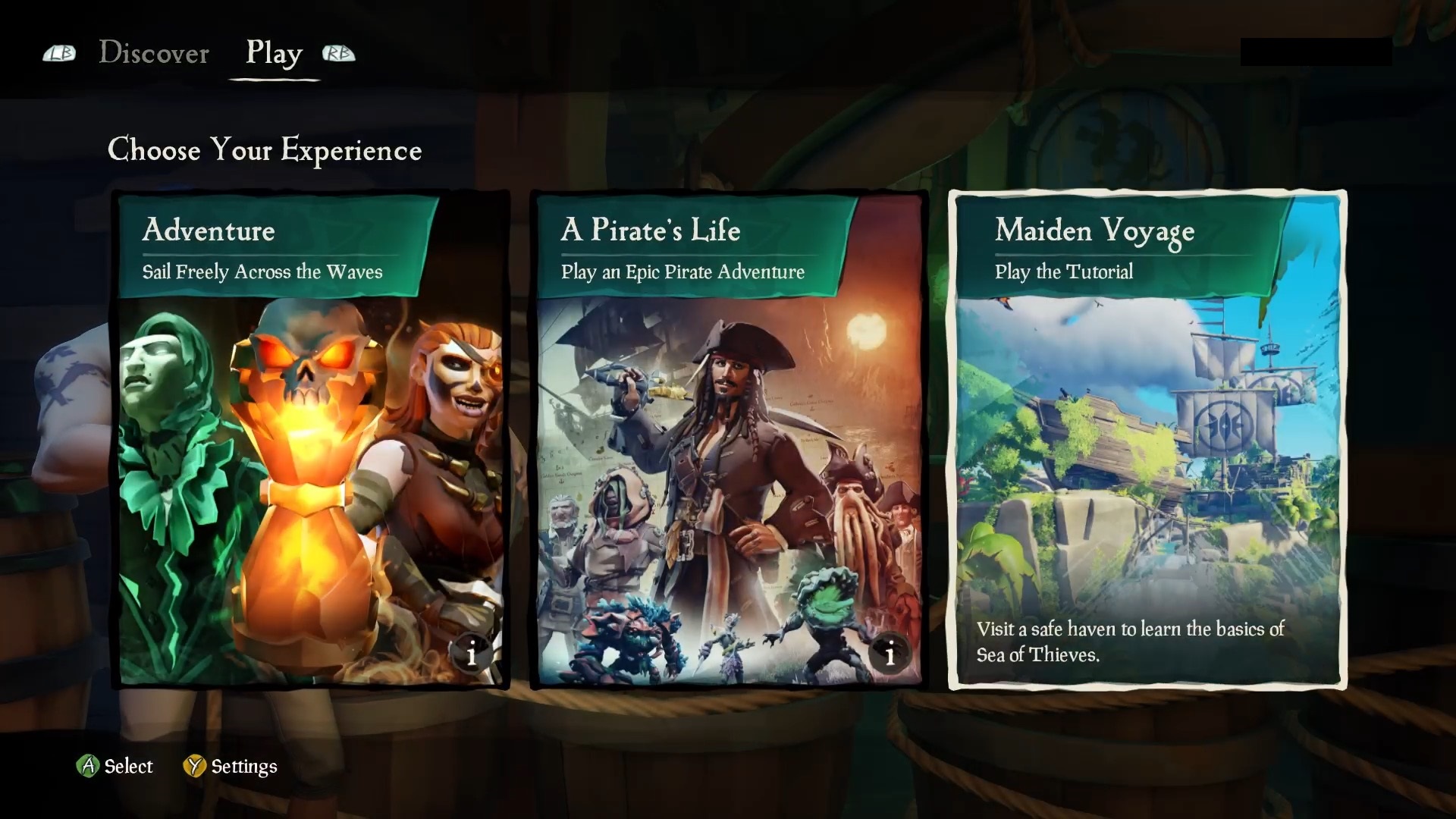 Screenshot of Sea of Thieves game showing Choose Your Experience with Maiden Voyage - Play the Tutorial selected. 
