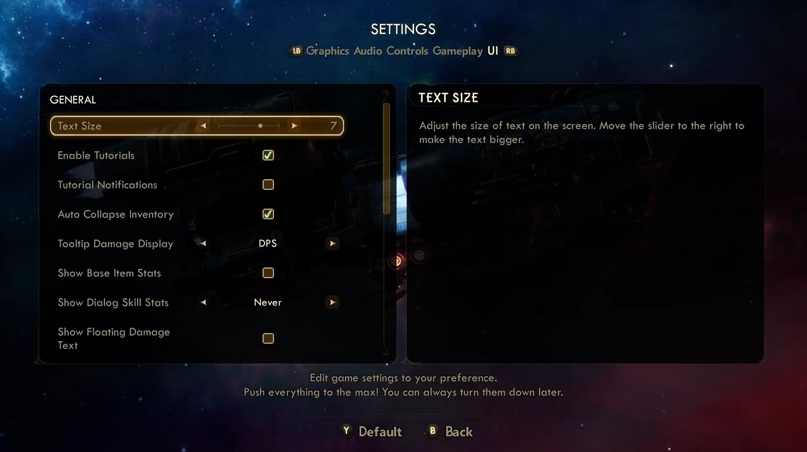 Outerworlds screenshot of Settings menu's text size option set to 7.