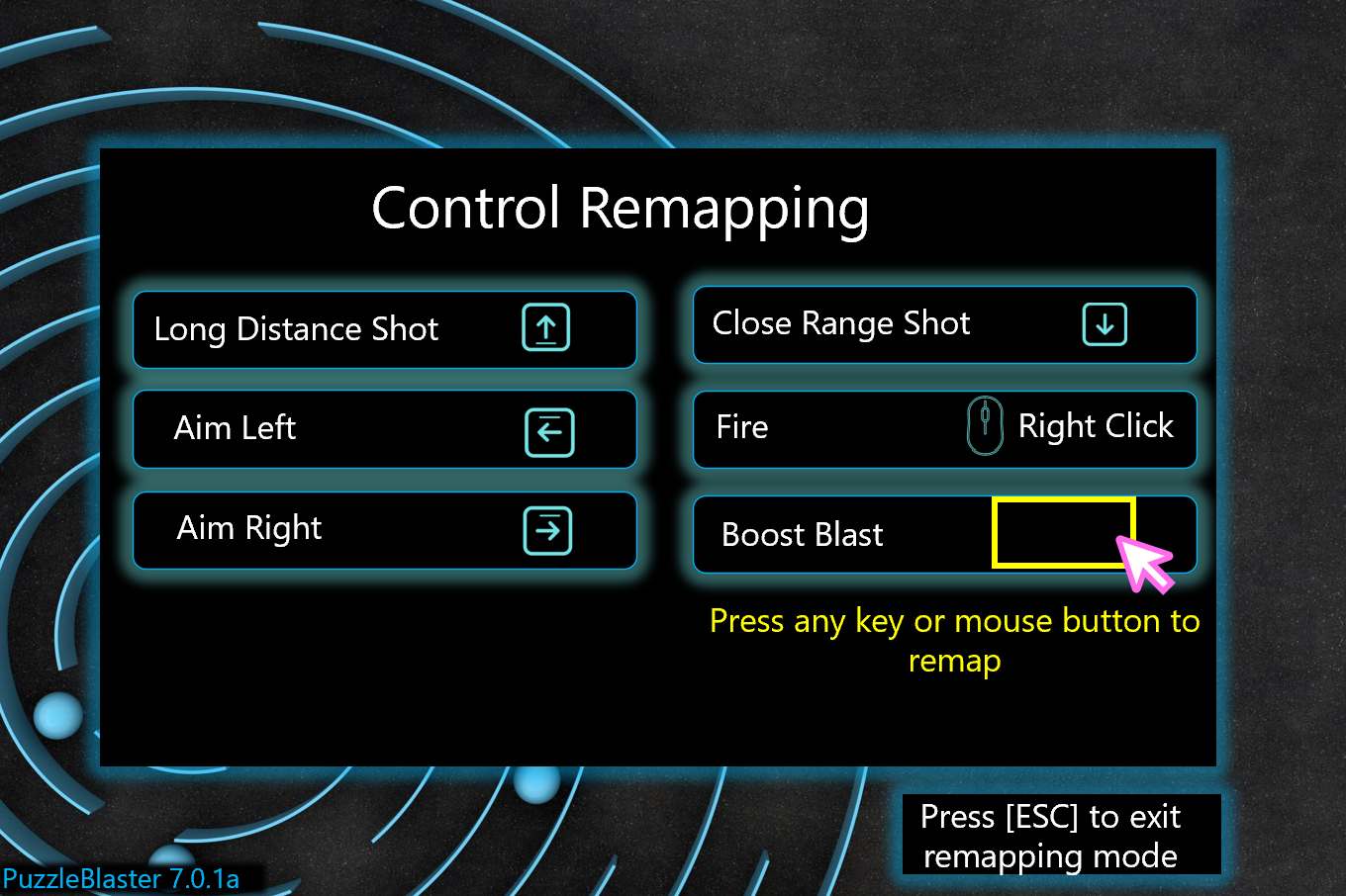 A screenshot from a fake game called "PuzzleBlaster" that shows a "Control Remapping" screen, with a cursor over a "Boost Blast" menu item. Text below reads "Press any key or mouse button to remap," and "Press [ESC] to exit remapping mode."