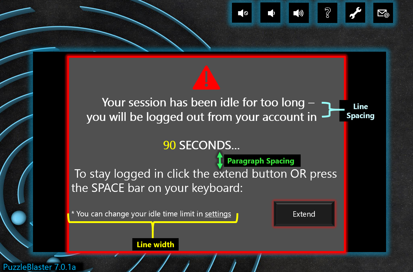 An error notification window with multiple lines of text. There are labels for line spacing, line width, and paragraph spacing. The paragraph spacing label is between two bullet points. The line spacing label is between two lines within the same paragraph. The line width label runs the length of a line of text before it overflows onto the next line.
