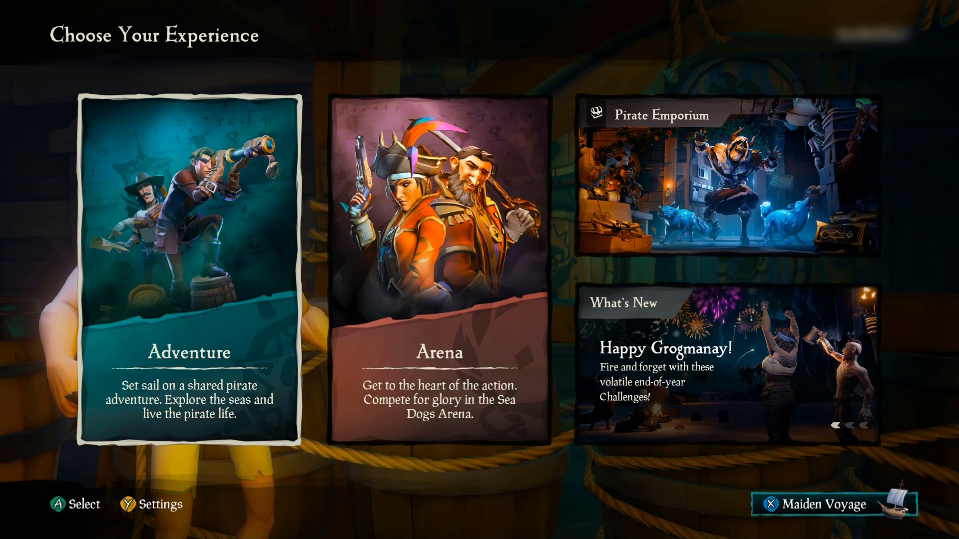 A screenshot of the Sea of Thieves "Choose your experience" menu. The "Adventure" game option has focus.