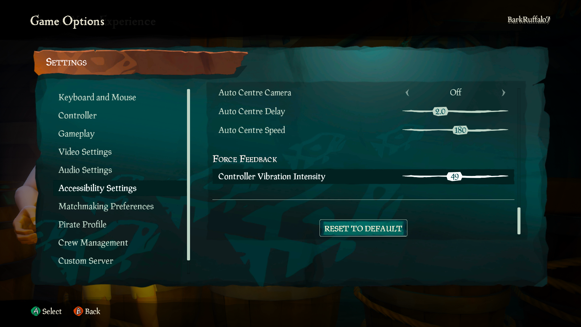 Uma captura de tela do menu Opções de Jogo do Mar dos Ladrões. A guia 
