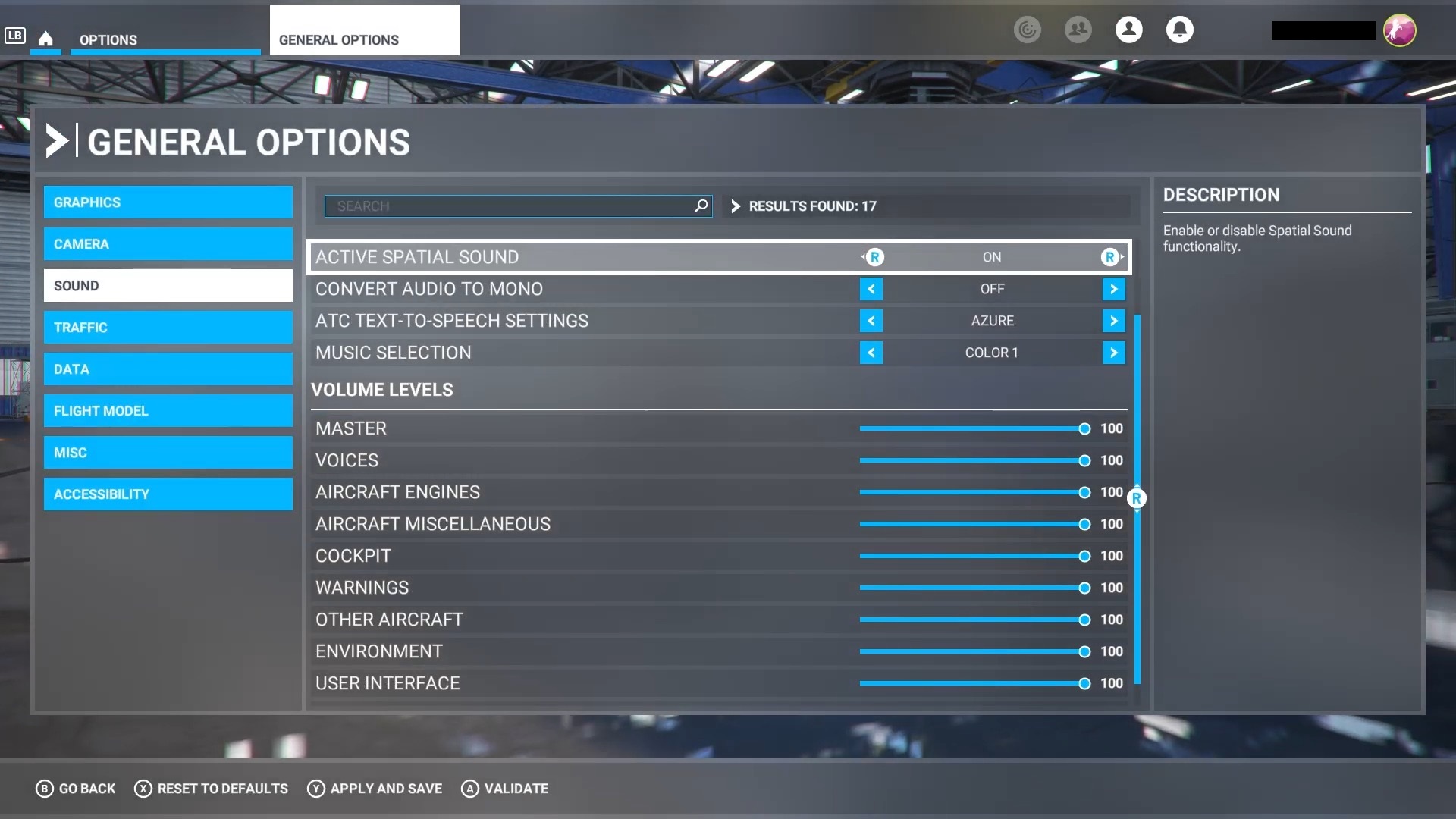Screenshot of Flight Simulator general options menu with option to enable active spatial sound.