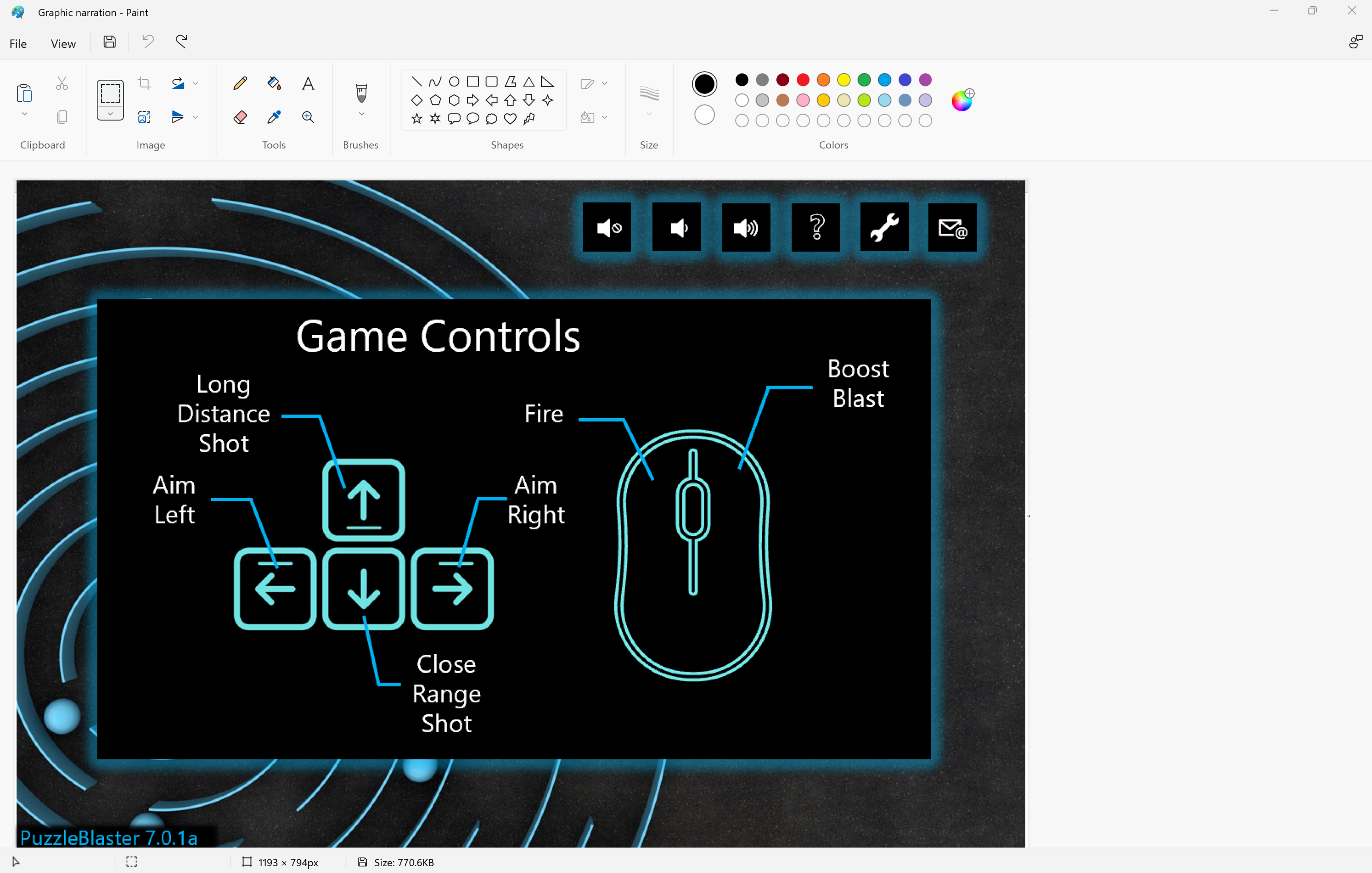 Screenshot of Windows Paint app with image of a game controls menu UI from a puzzle game pasted into the paint app. 
