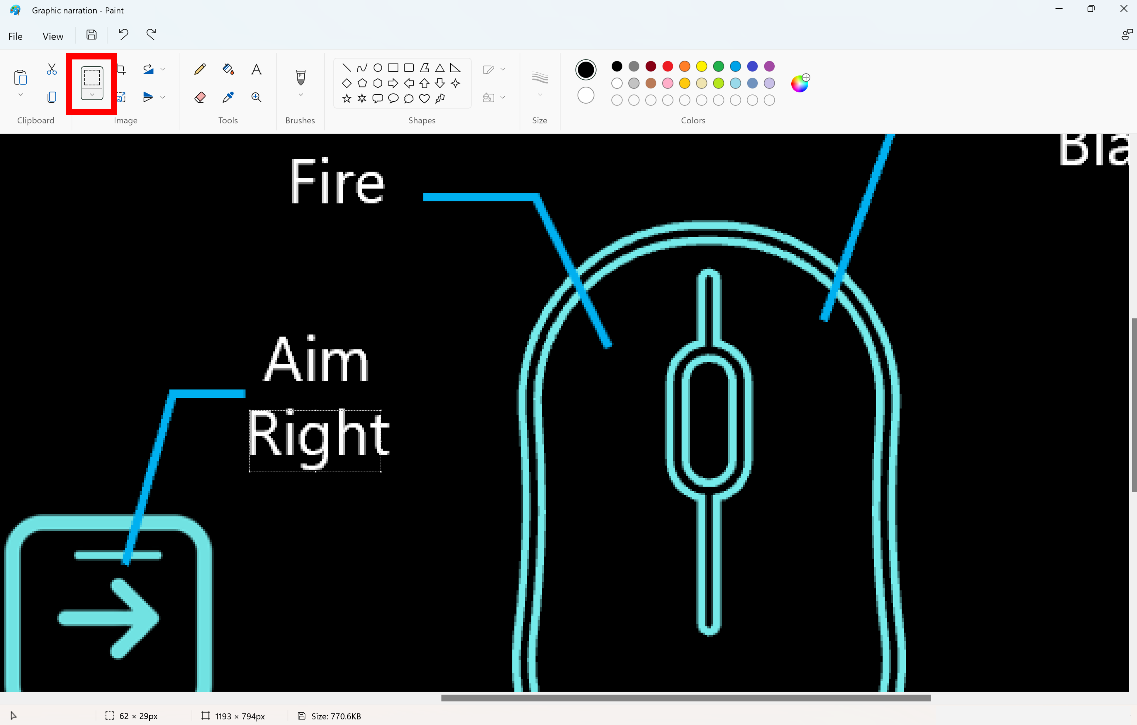 Screenshot of Windows Paint app with highlight over the app's Select tool. Using the tool, a rectangular box is drawn over the word "Right" in an image so that edges of the word's ascenders and descenders are on the box's top and bottom edges, respectively. 