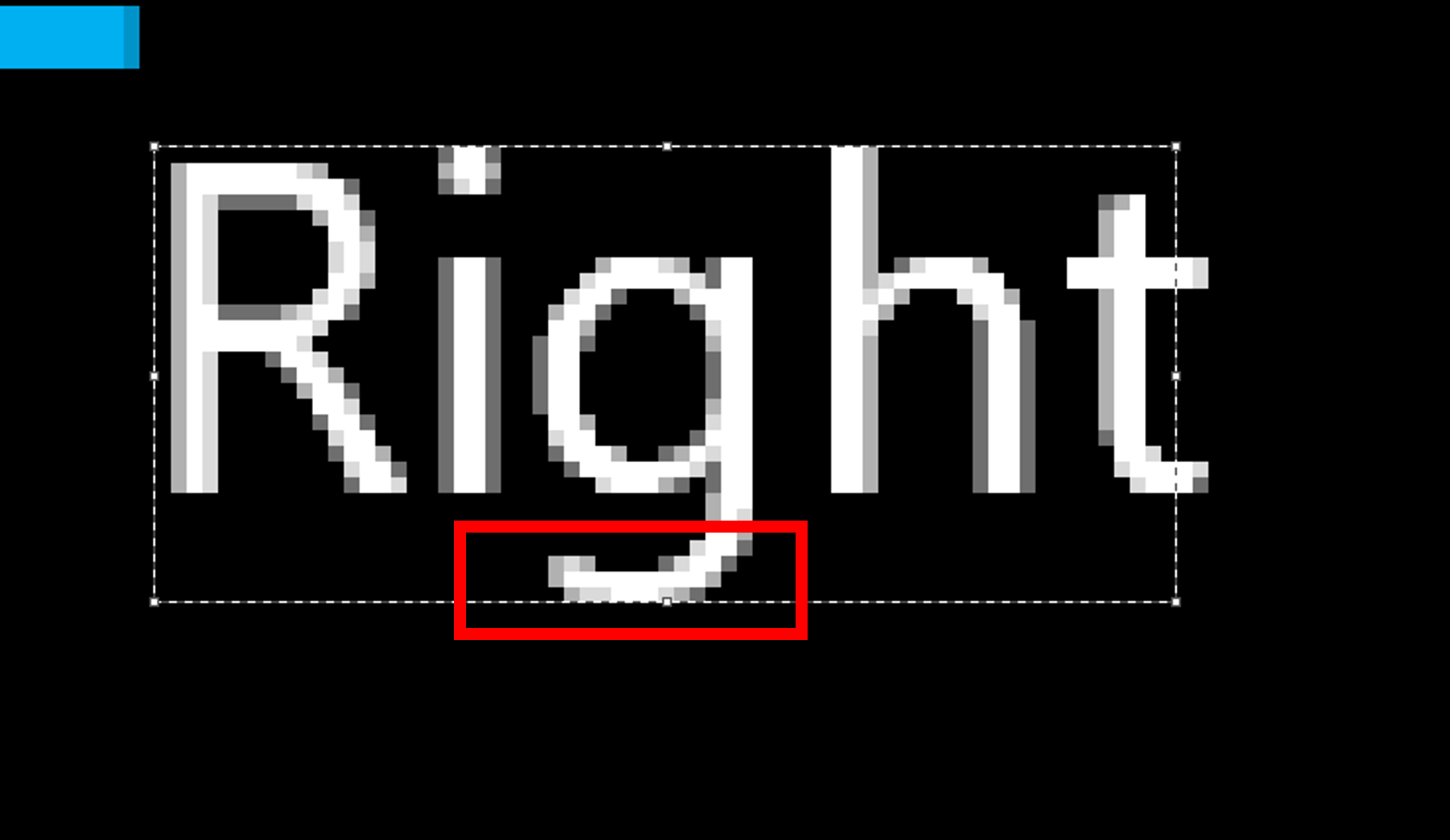 Close up of the word "Right" with Select tool's rectangular box drawn so that the edges match with the edges of the word's ascenders and descenders. A red rectangular box is highlighting the bottom most pixels from the descender in the letter "g." Some pixels are solid white. Other surrounding pixels are shades of gray. 