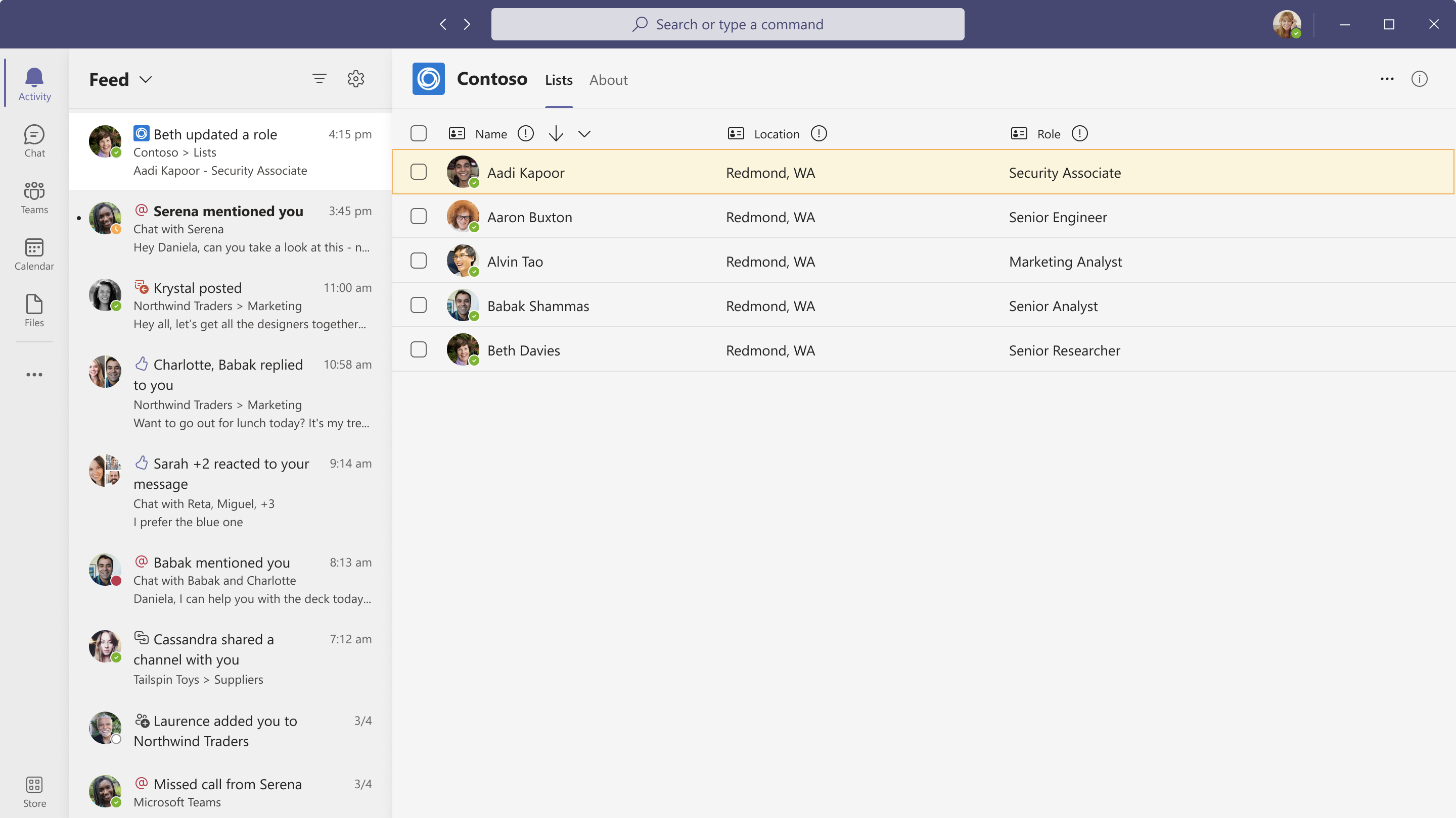 Captura de tela de um aplicativo do Teams mostrando a exibição de notificação do feed de atividades.