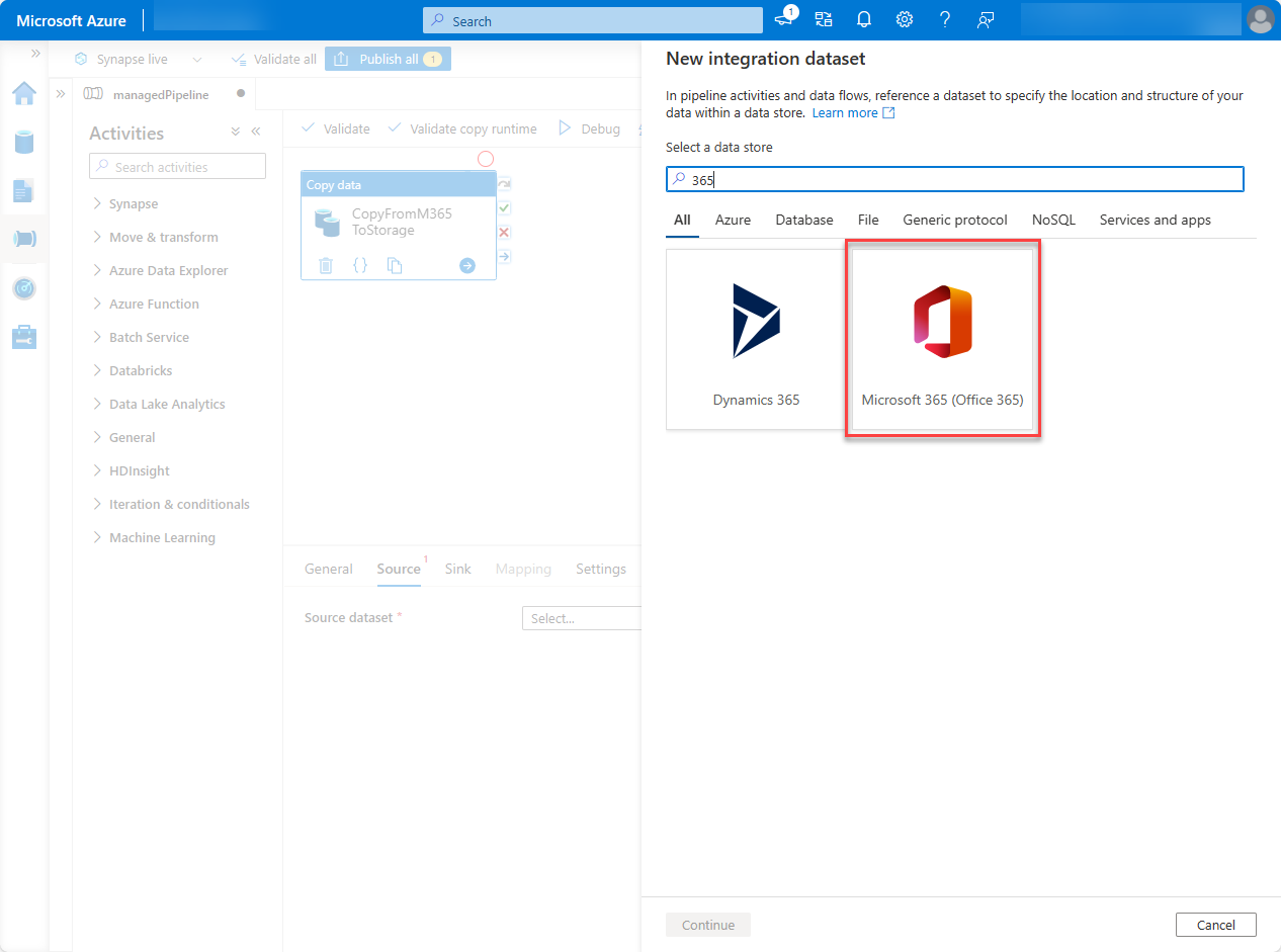 Uma captura de tela da página de serviço portal do Azure Data Factory com o Microsoft 365 (Office 365) e Continuar realçado.