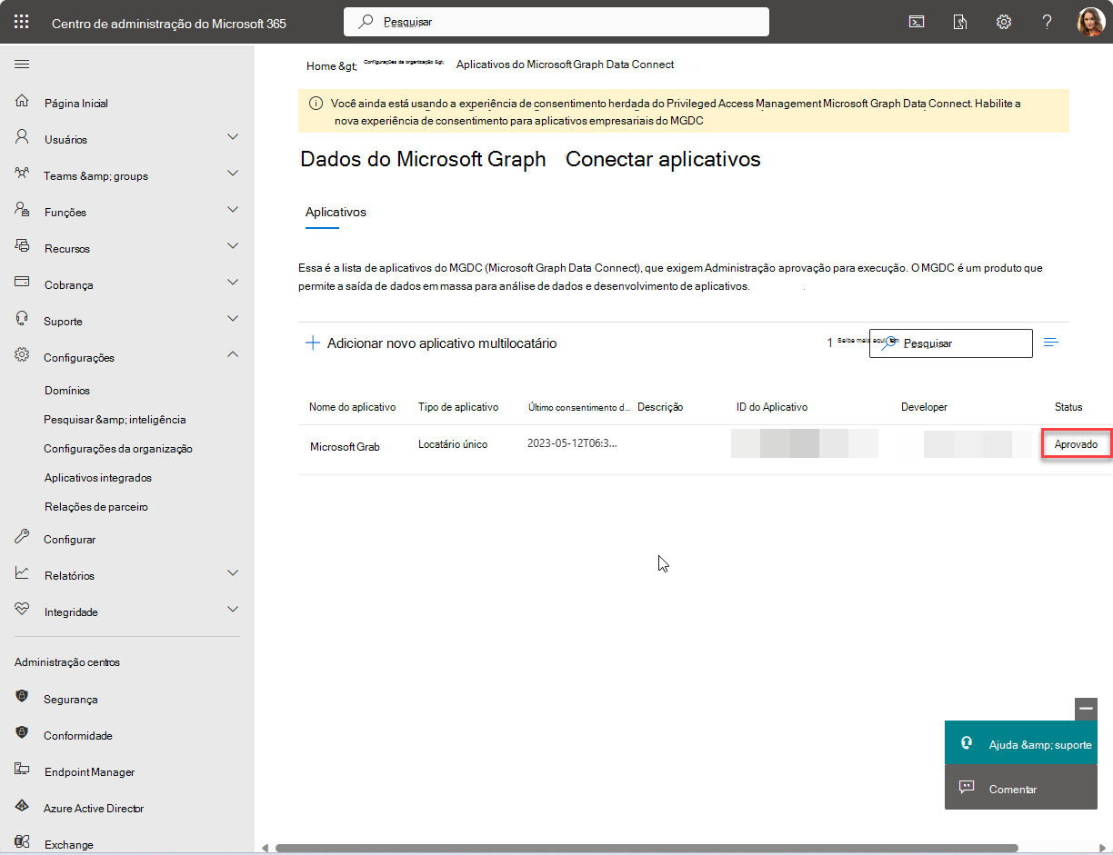 Captura de ecrã que mostra a aplicação aprovada na página de destino do portal de aplicações do Microsoft Graph Data Connect.