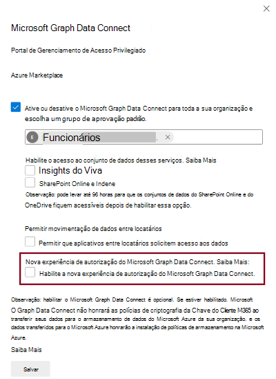 Uma captura de tela mostrando como habilitar a nova experiência de conexão de dados no Centro de administração do Microsoft 365.