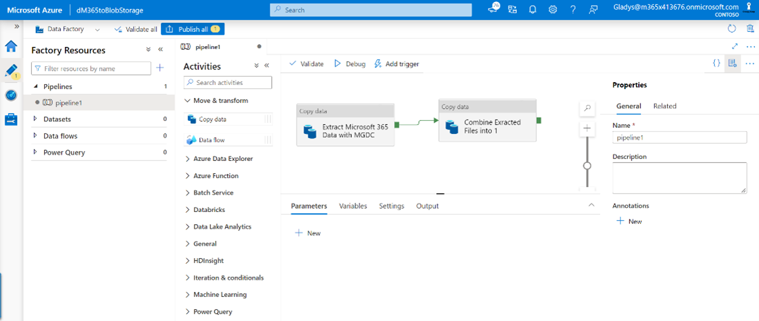 Captura de tela do Microsoft Azure mostrando a atividade de dados de cópia