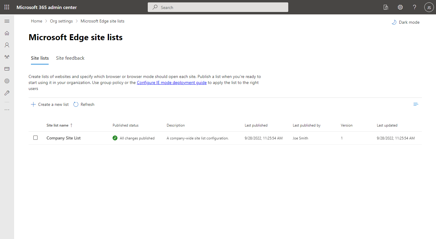 Captura de tela da página listas de sites do Microsoft Edge no Centro de administração do Microsoft 365.