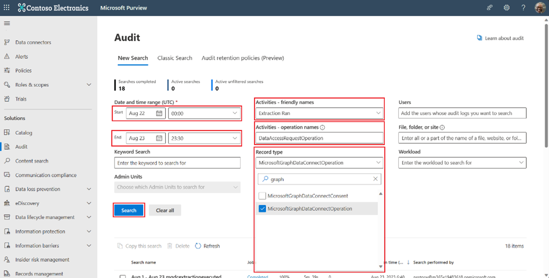 Captura de ecrã a mostrar entradas de campos de pesquisa de registos de auditoria, realçadas.