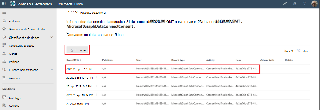 Captura de ecrã a mostrar os resultados da pesquisa de registos de auditoria com um evento de autorização realçado.