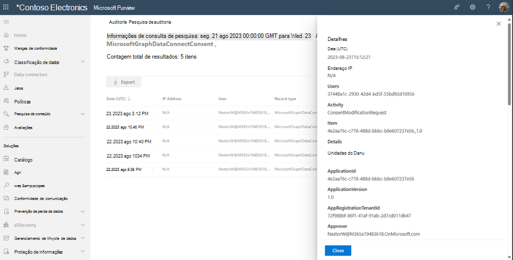 Captura de ecrã a mostrar os resultados da pesquisa de registos de auditoria com detalhes no painel lateral selecionado.