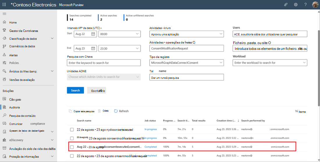 Captura de ecrã a mostrar campos de pesquisa de registos de auditoria com detalhes sobre intervalos de tempo realçados.