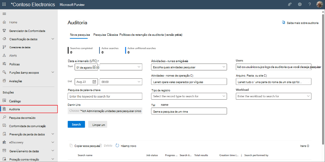 Captura de ecrã com a IU de Auditoria realçada no painel esquerdo do portal de conformidade do Microsoft Purview.