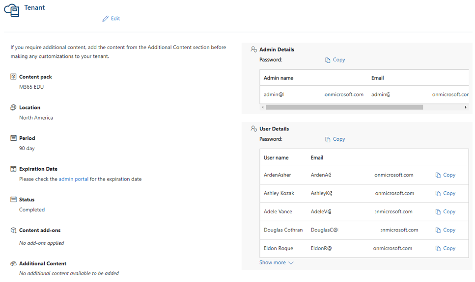 Captura de ecrã dos detalhes do inquilino
