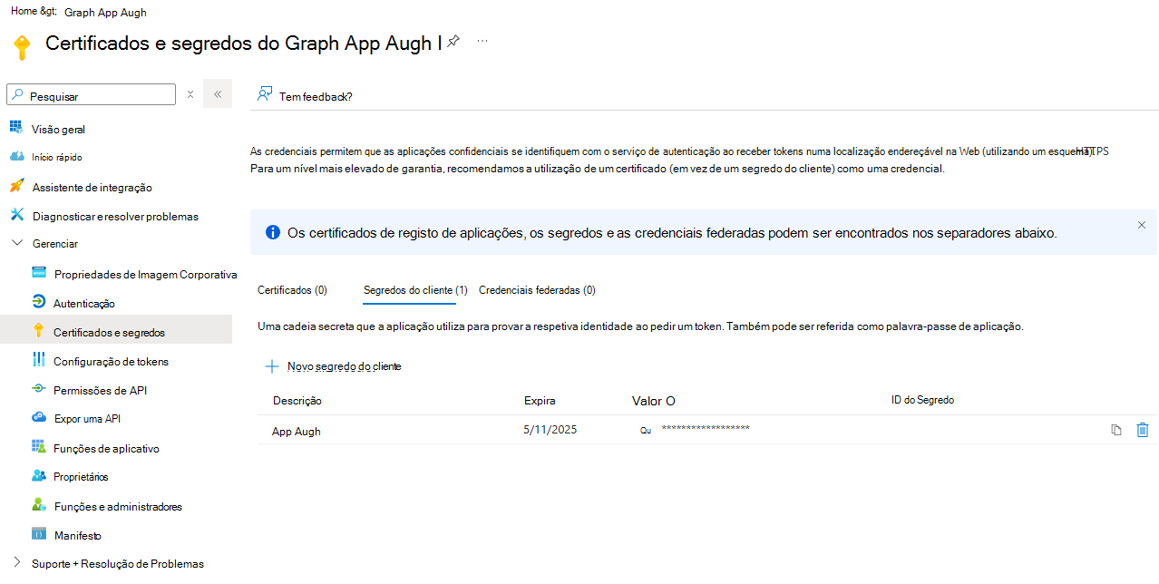Captura de ecrã da página do segredo do cliente de registo de aplicações.