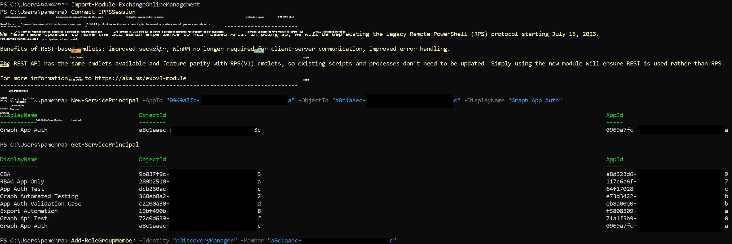 Captura de ecrã da shell do Exchange Online.